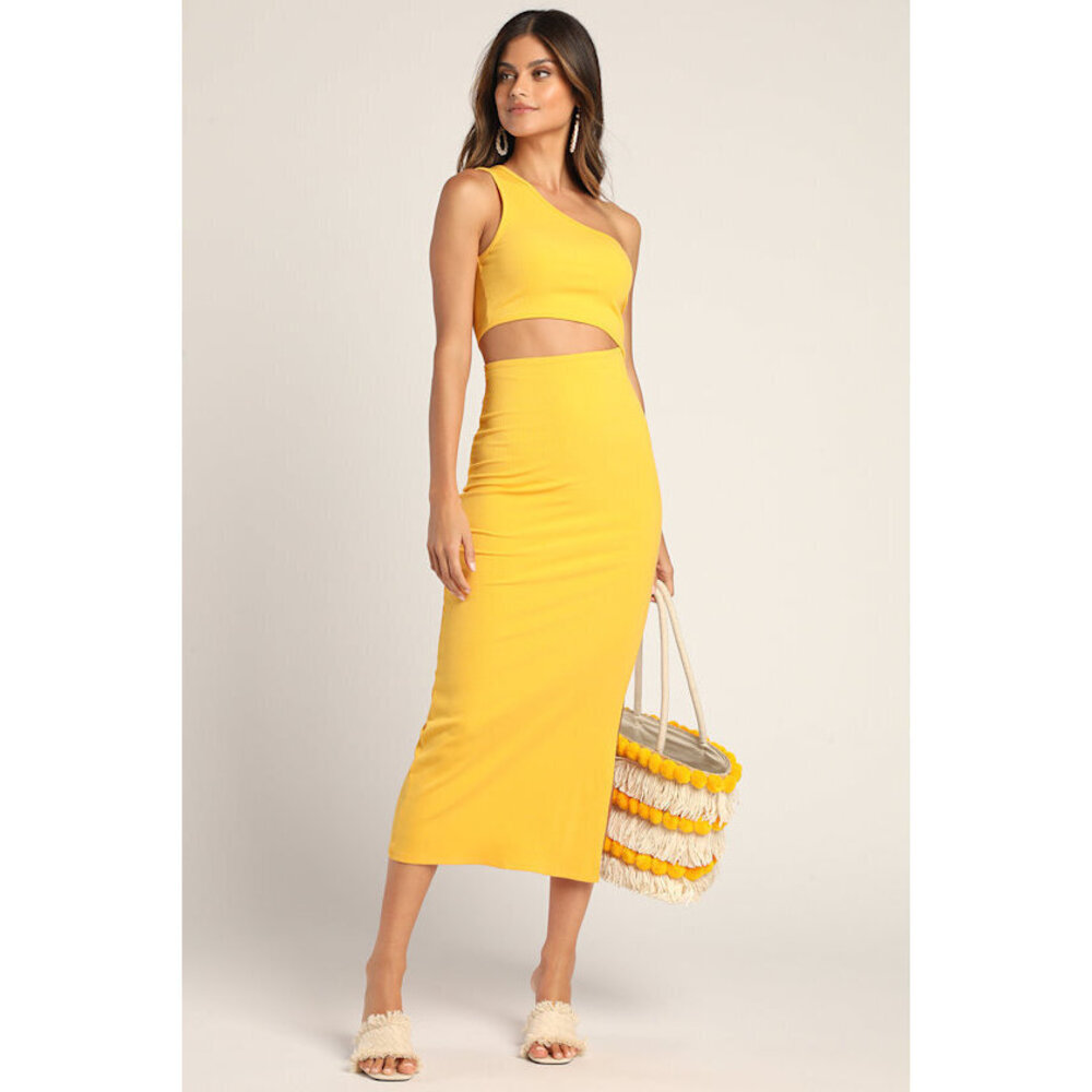Lulus Spice Things Up Yellow Ribbed One-shoulder Cutout Midi Dress - Size XS